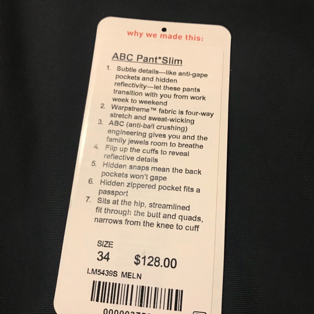 Lululemon ABC Slim Pant: size 34